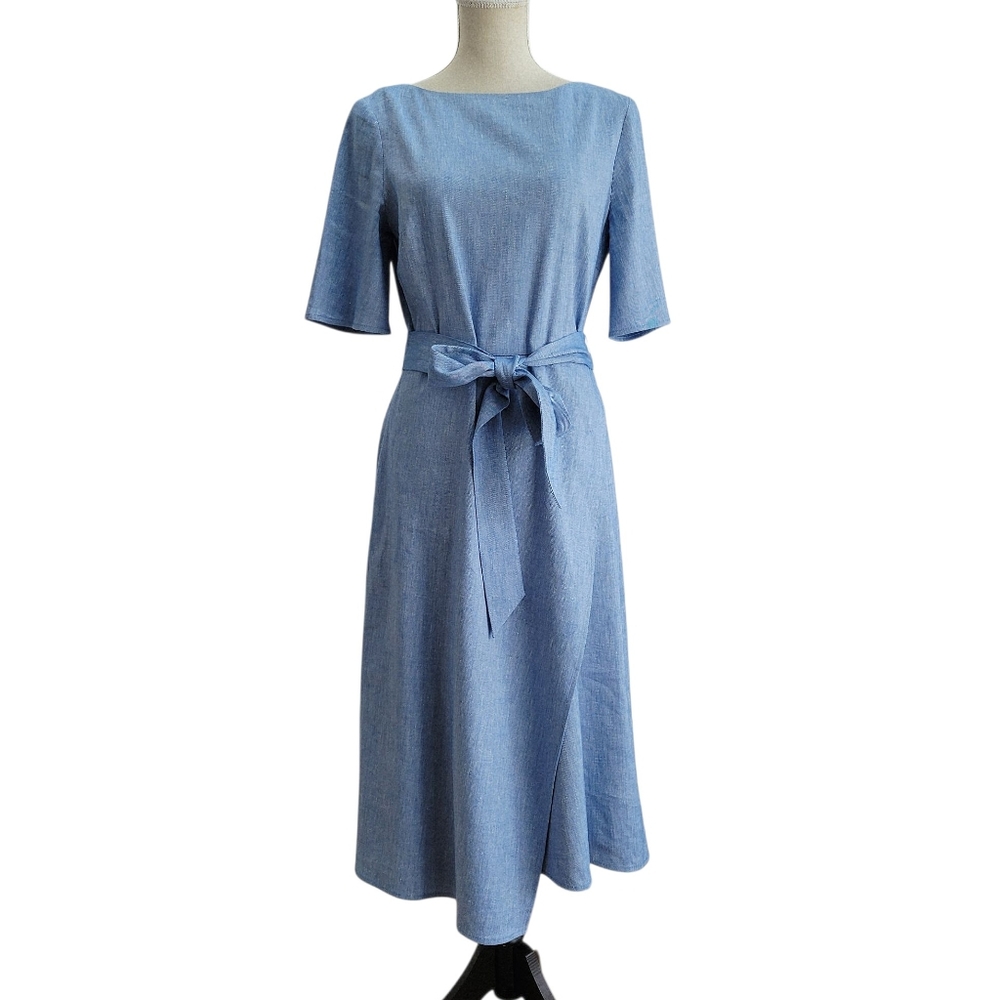 St. John Faux Wrap‎ Linen Blend Midi Dress Blue Belted Back Zip Closure